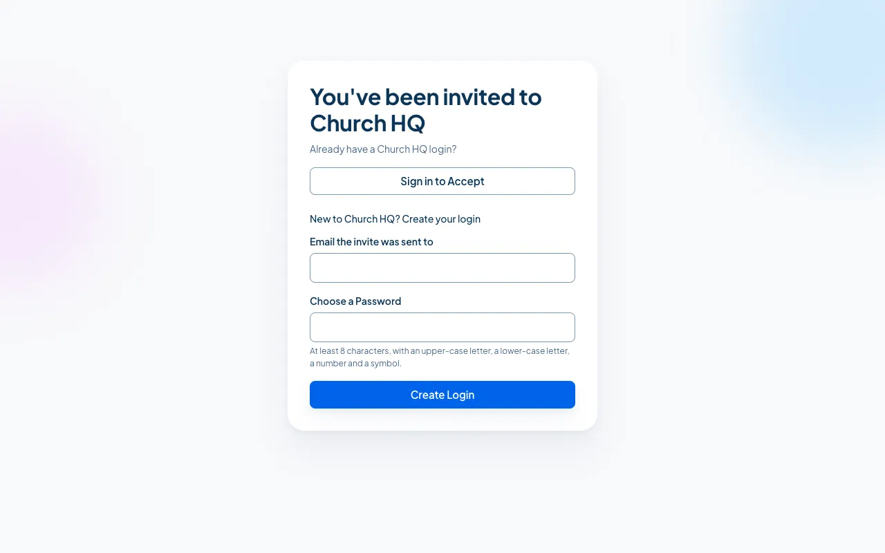 The invitation screen, with Sign in to Accept and a form to create a login.