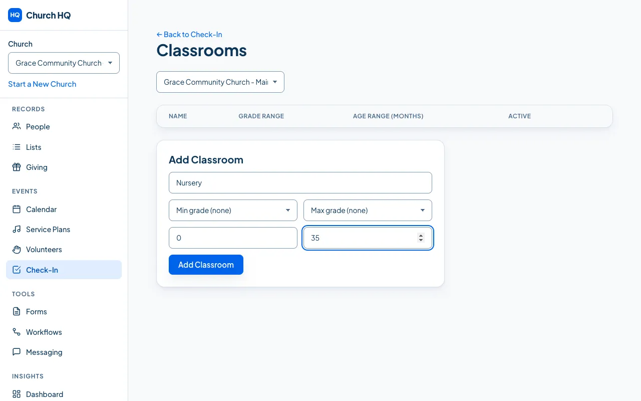 The Add Classroom form, with the room’s name, grade range and age range.