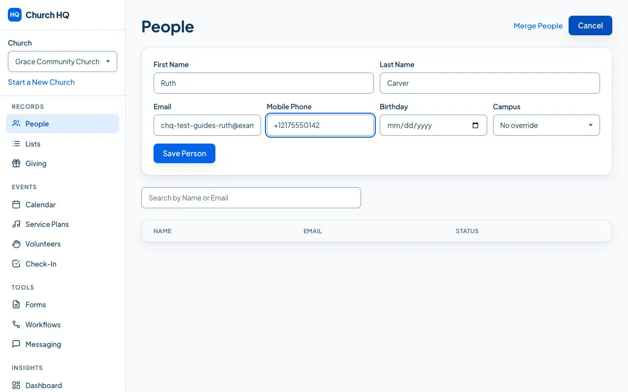 The Add Person form, with name, email, phone, birthday and campus.