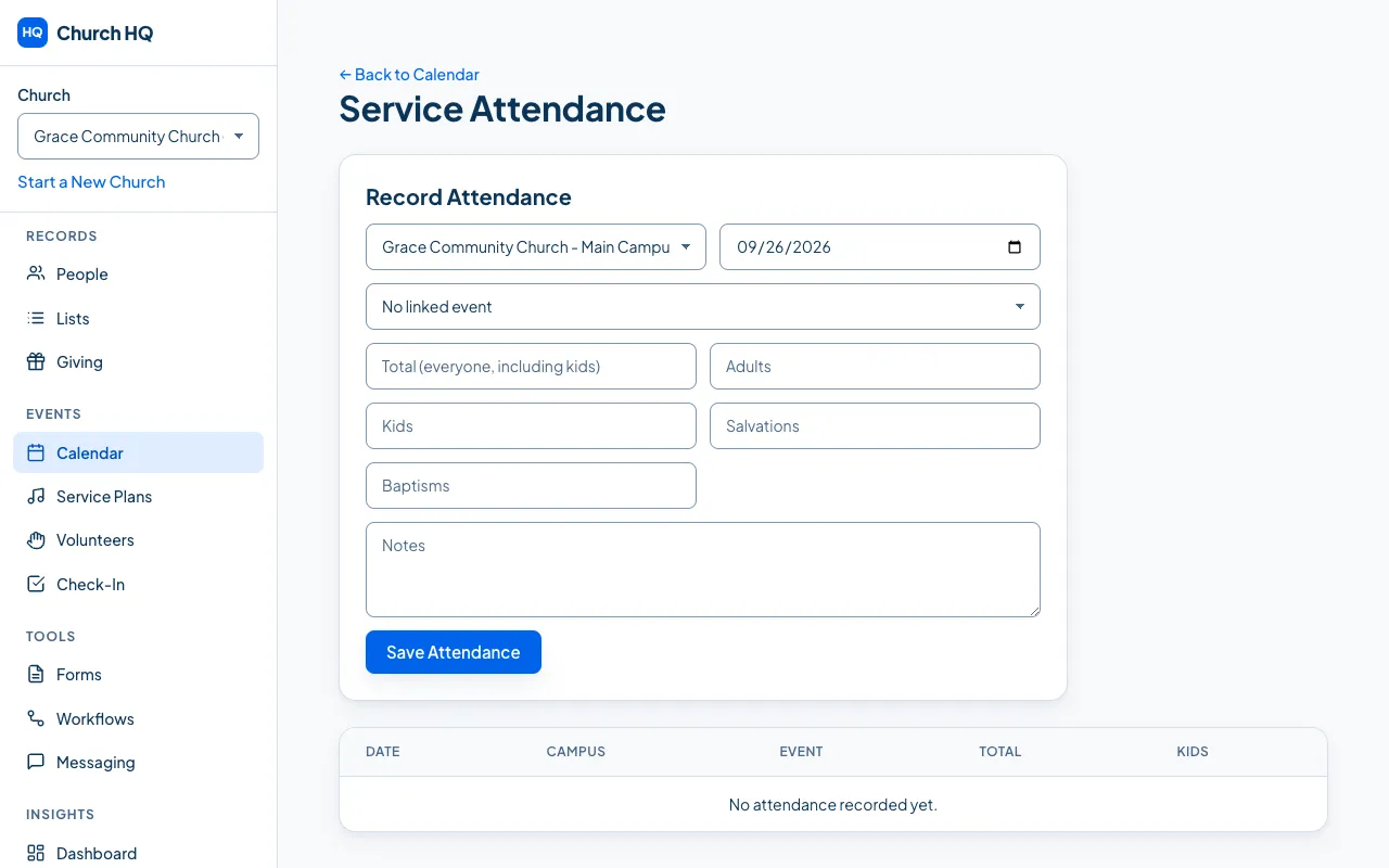 The Service Attendance screen, with the numbers recorded so far.