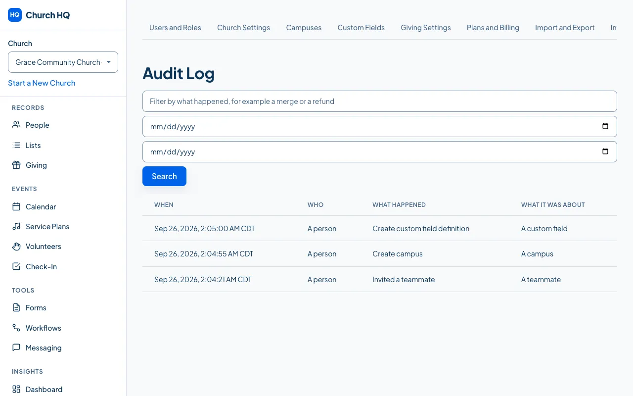 The Audit Log tab.