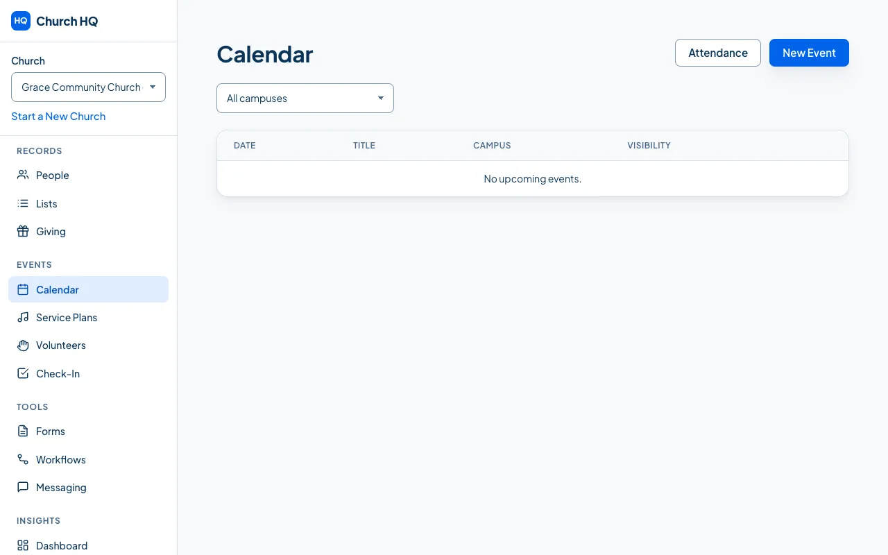 The Calendar, listing events by date with their campus and visibility.