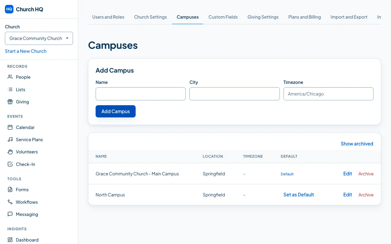 The Campuses tab, listing each campus with its location, timezone and which is the default.