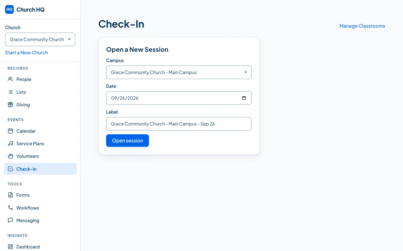 The Check-In screen, with Open a New Session.
