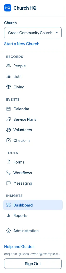 The sidebar, with the Church picker at the top and Start a New Church under it.