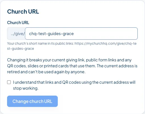 The Church URL section, with the new address, the warning and the confirmation tick.