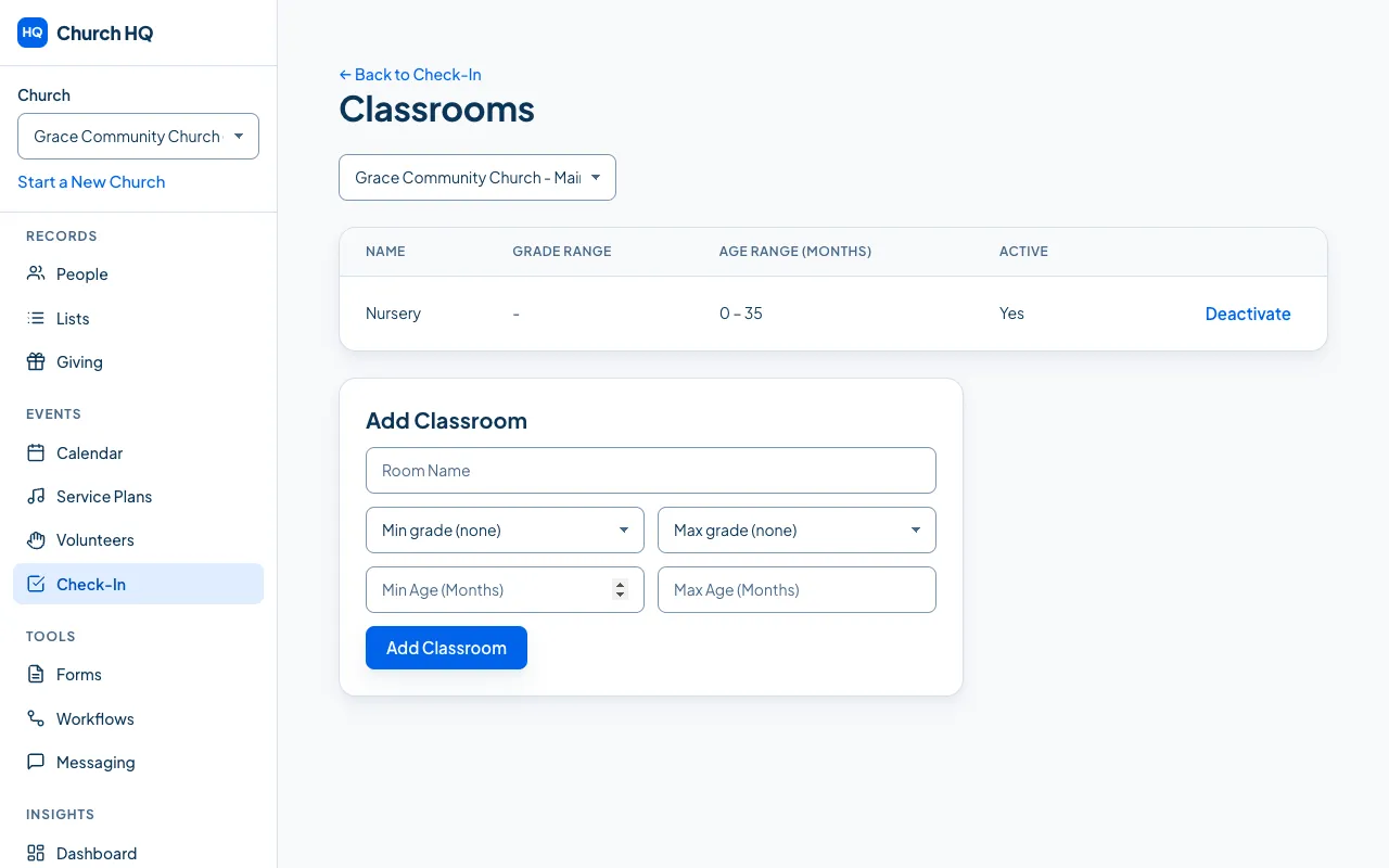 The Classrooms screen, listing each room with its grade range, age range and whether it is active.
