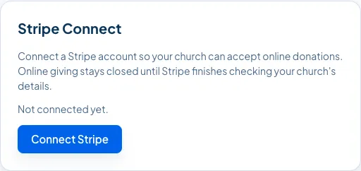 Giving Settings, before Stripe is connected.
