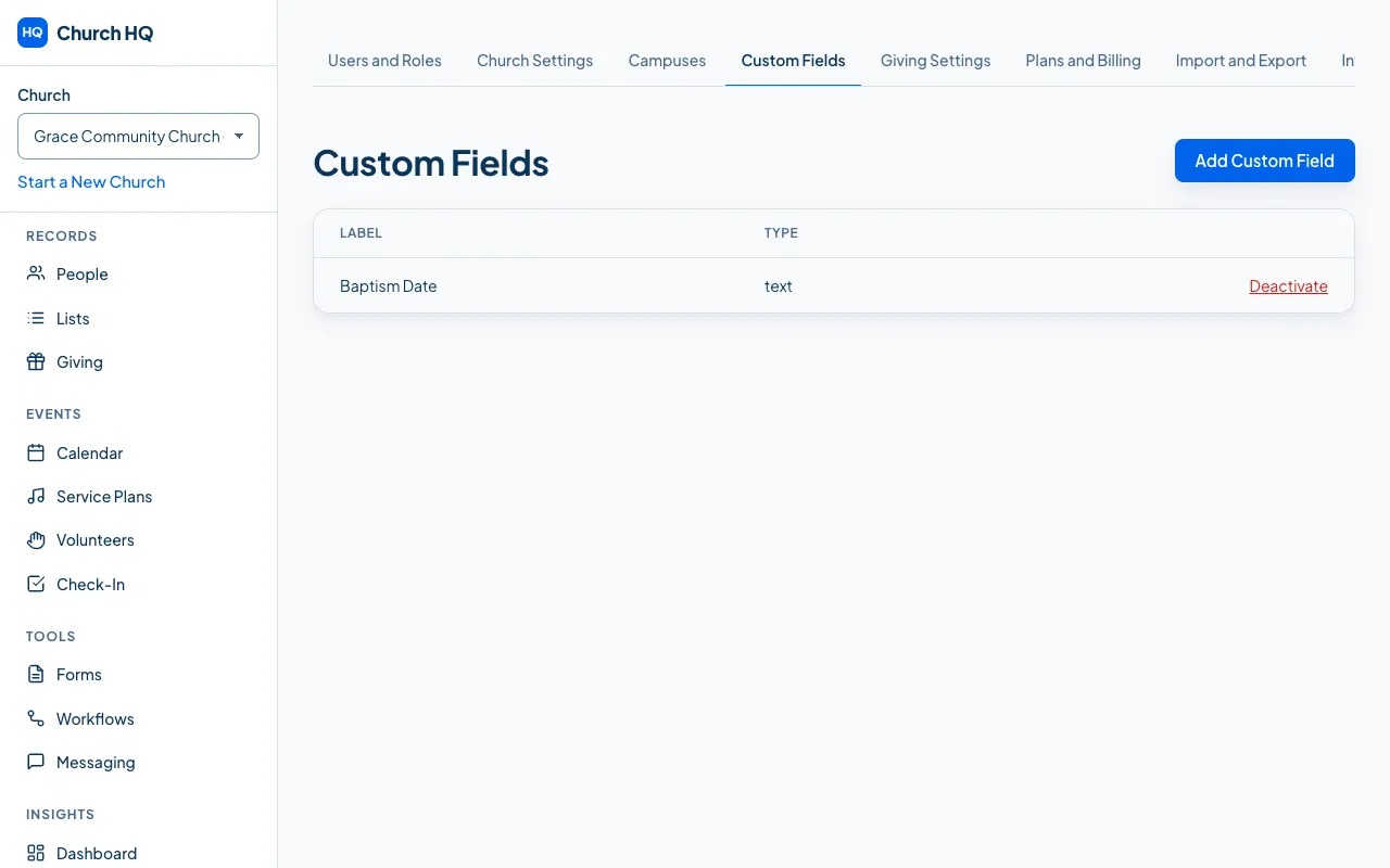 The Custom Fields tab, listing each field with its type.