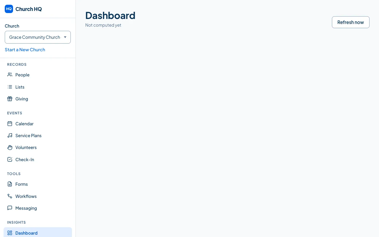 Church HQ as an Owner sees it, with the sidebar grouped into RECORDS, EVENTS, TOOLS and INSIGHTS.