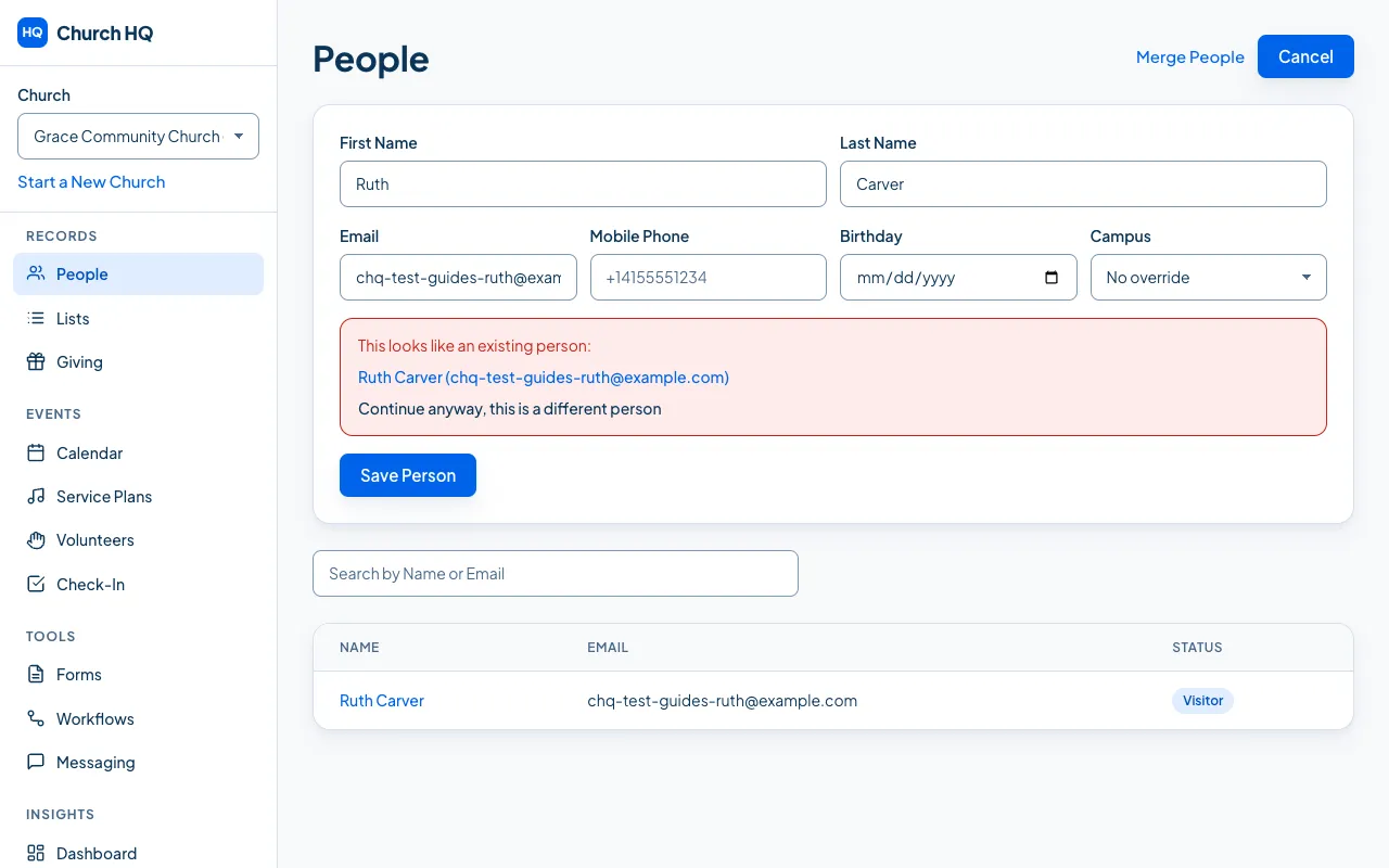 The Add Person form showing a warning that this looks like an existing person.