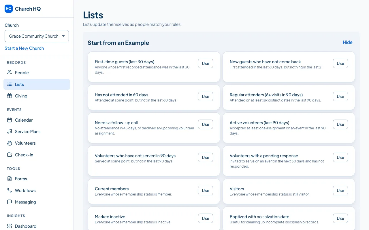 The example lists.