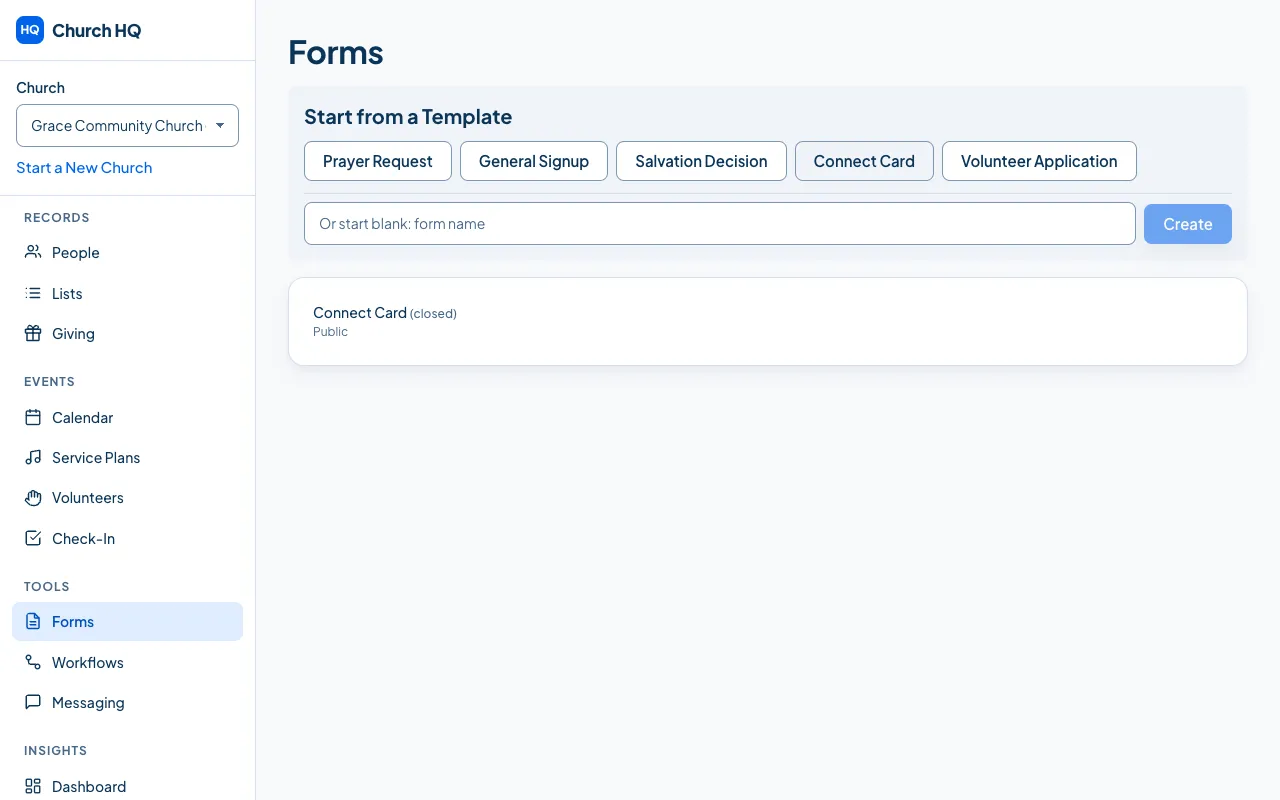 The Forms list with a new form in it.