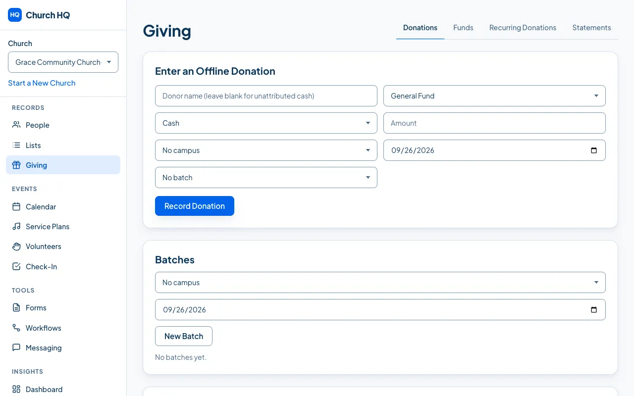 The Giving screen, with the offline donation form and the list of donations.