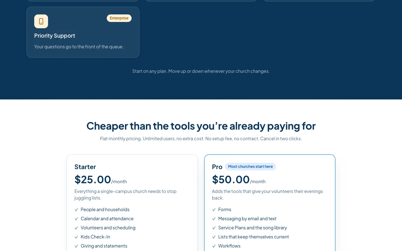 The plans section of the home page, showing Starter, Pro and Enterprise.