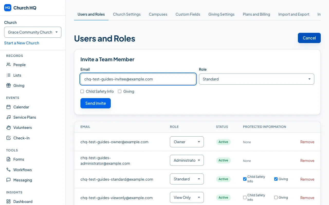 The invitation form, with Email, Role and the protected information checkboxes.