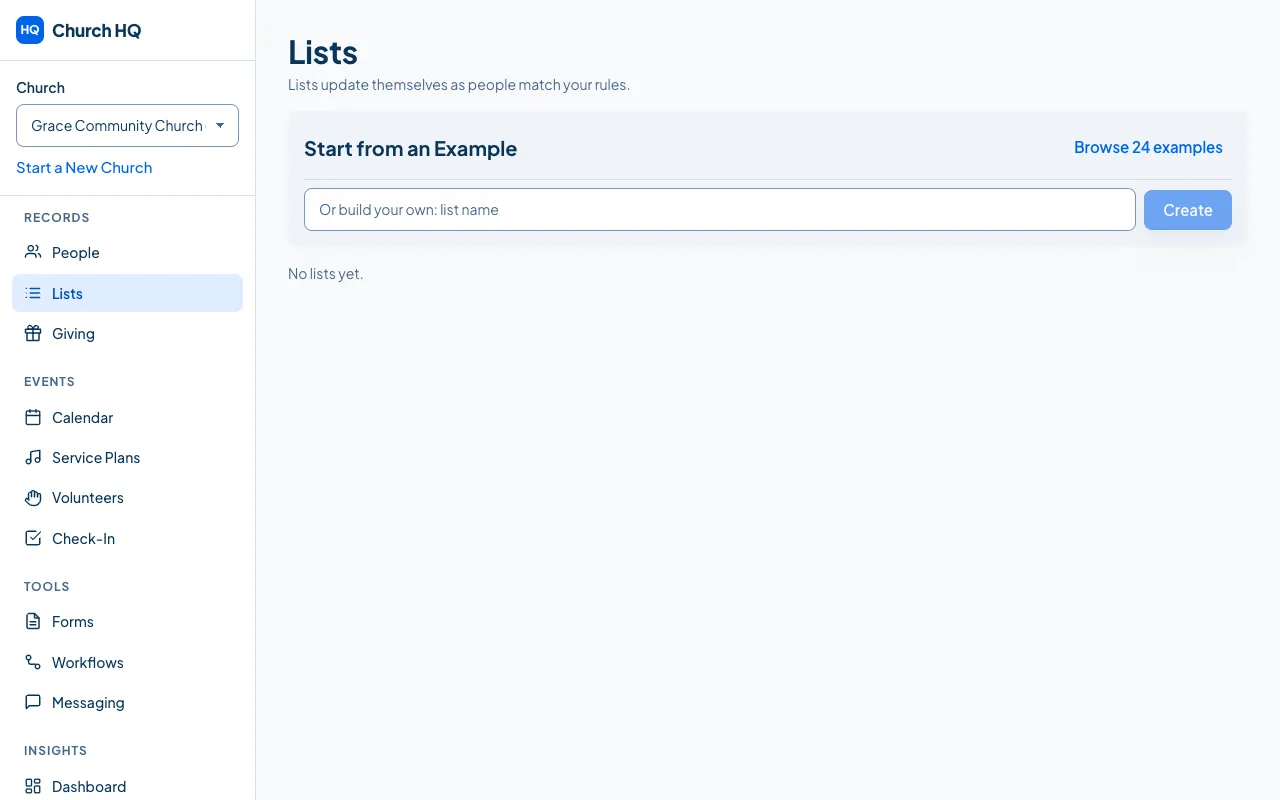 The Lists screen.