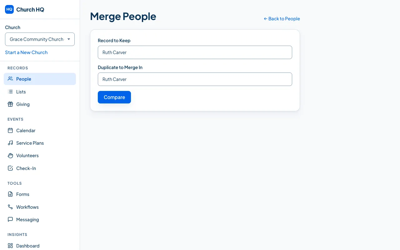 The Merge People screen, with a person chosen on each side.