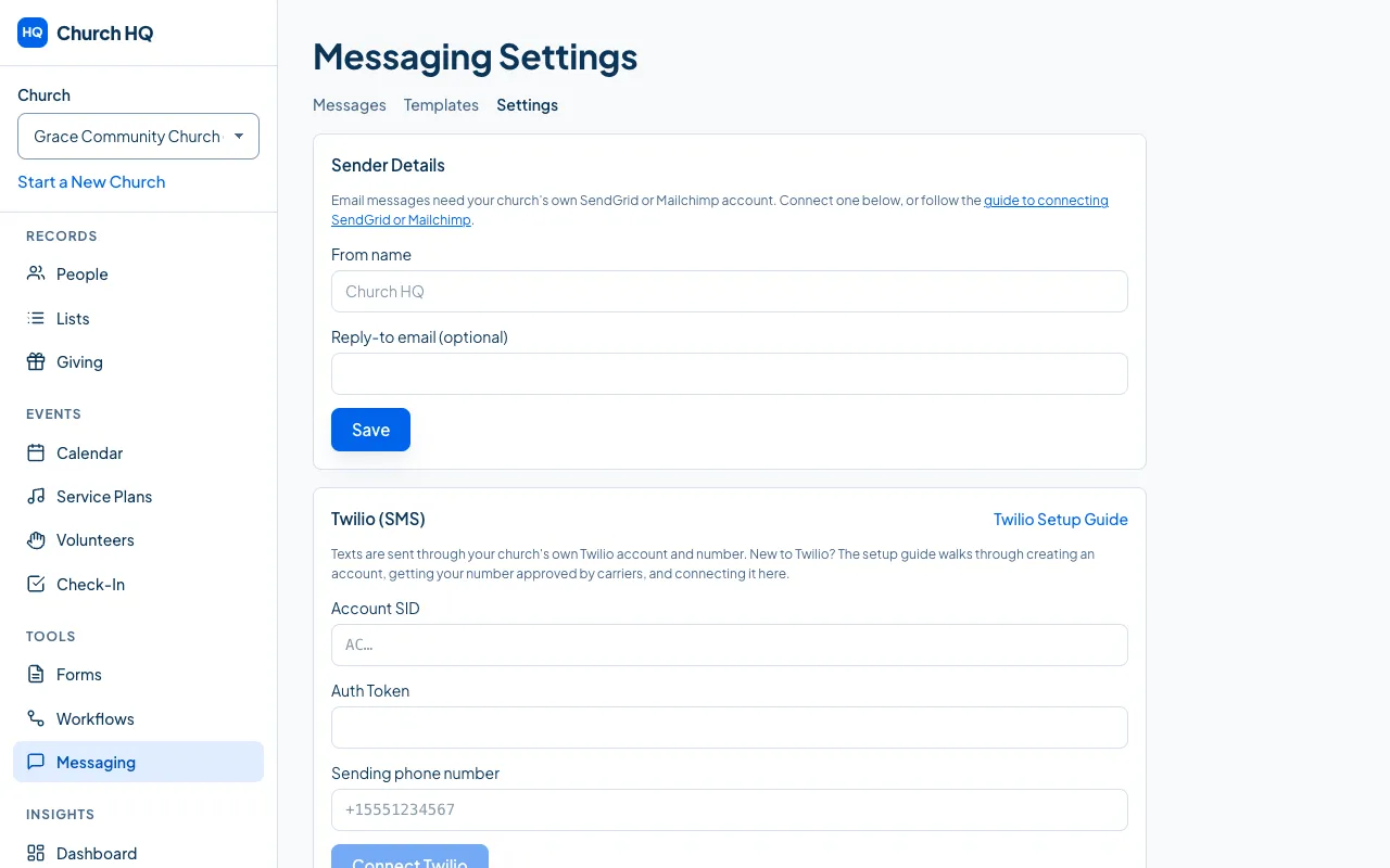 Messaging Settings, where Twilio and the email provider are connected.