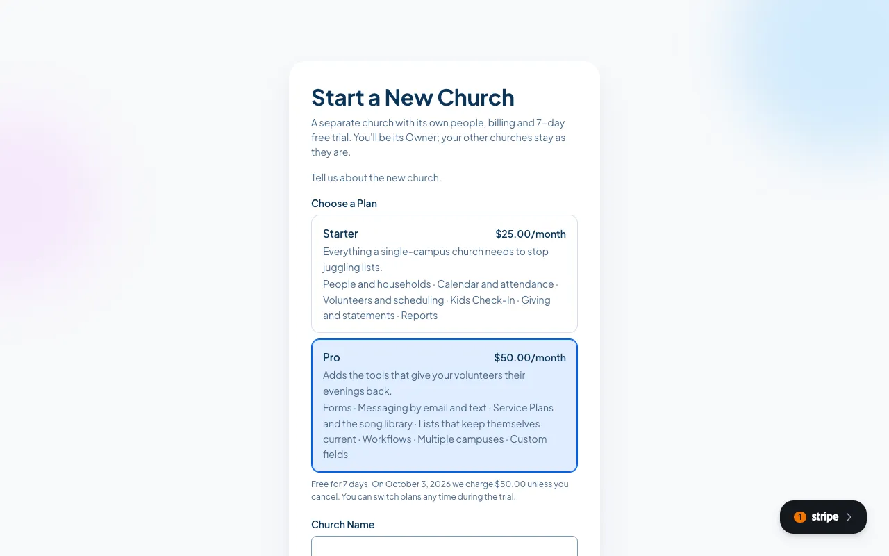 The Start a New Church screen, with the plan choice and the church details.