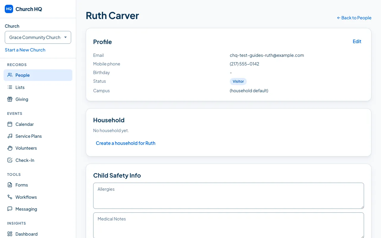 A person’s record, with Profile, Household, Tags, Emergency Contacts, Relationships and Notes.