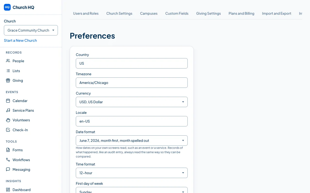 The Preferences tab, with timezone, currency and format settings.