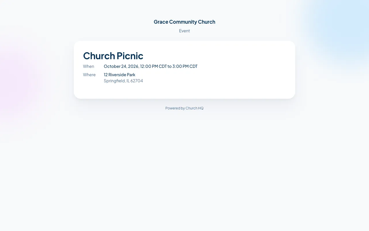 A public event page showing the address that was typed in.