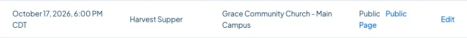A public event’s row on the calendar, with the Public Page link.
