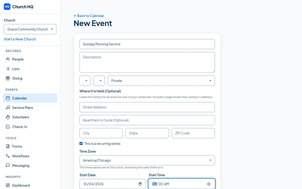 The New Event screen with the recurring options showing.