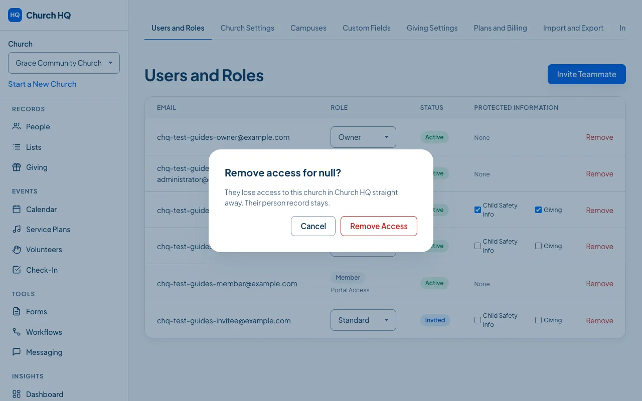 The confirmation asking whether to remove a teammate’s access.