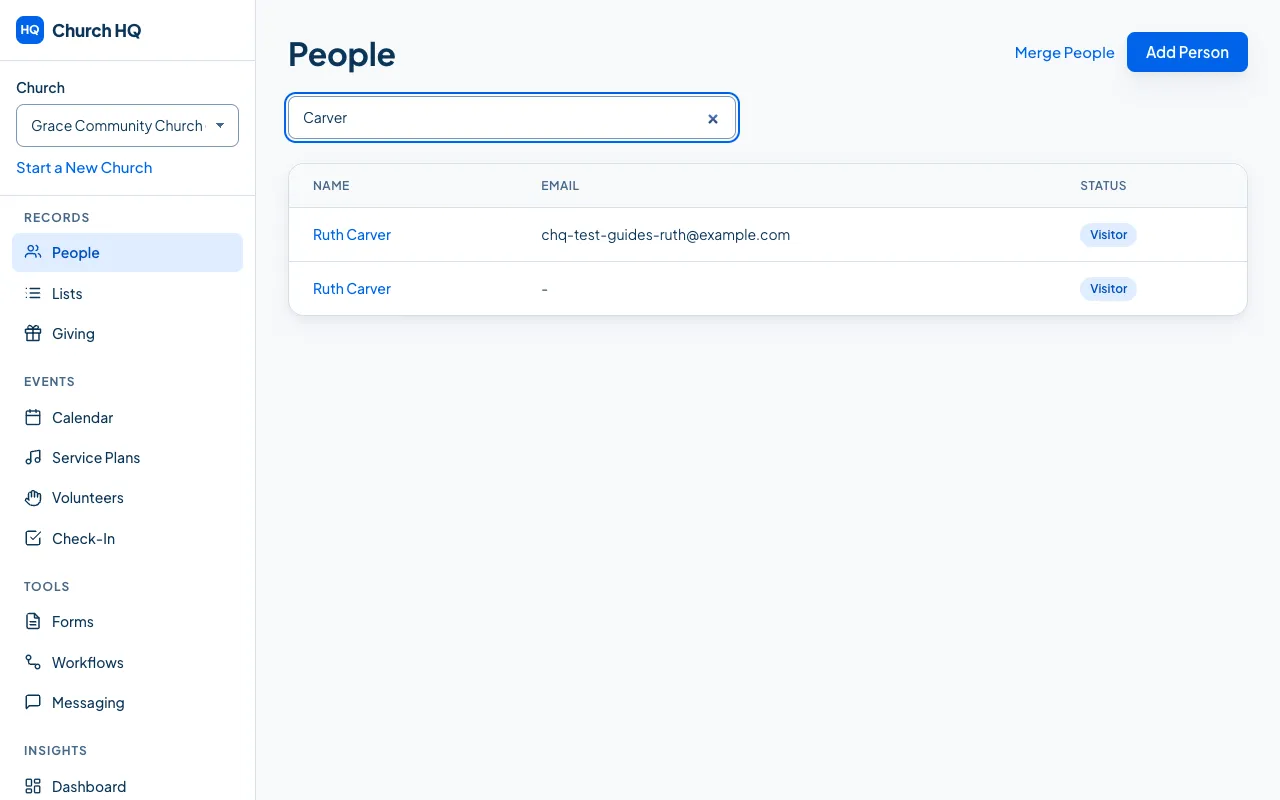 The People list filtered by a search term.