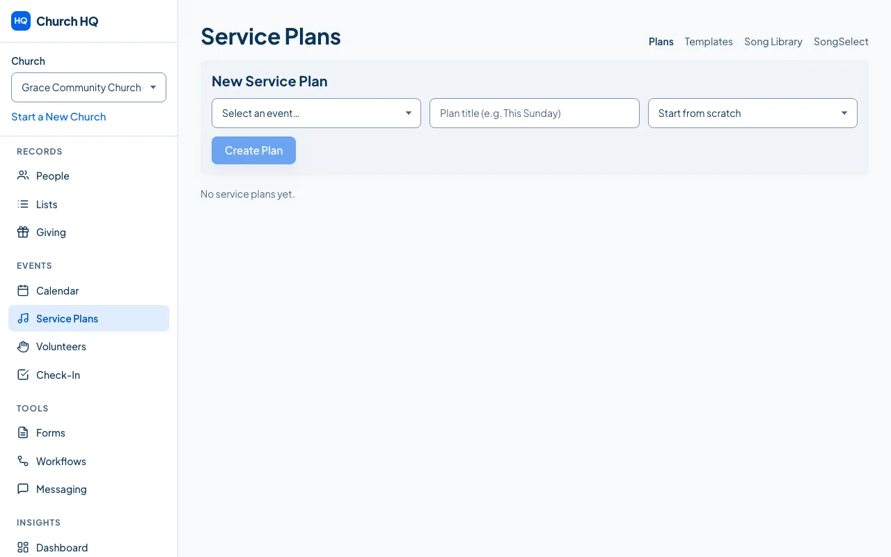 The Service Plans screen.