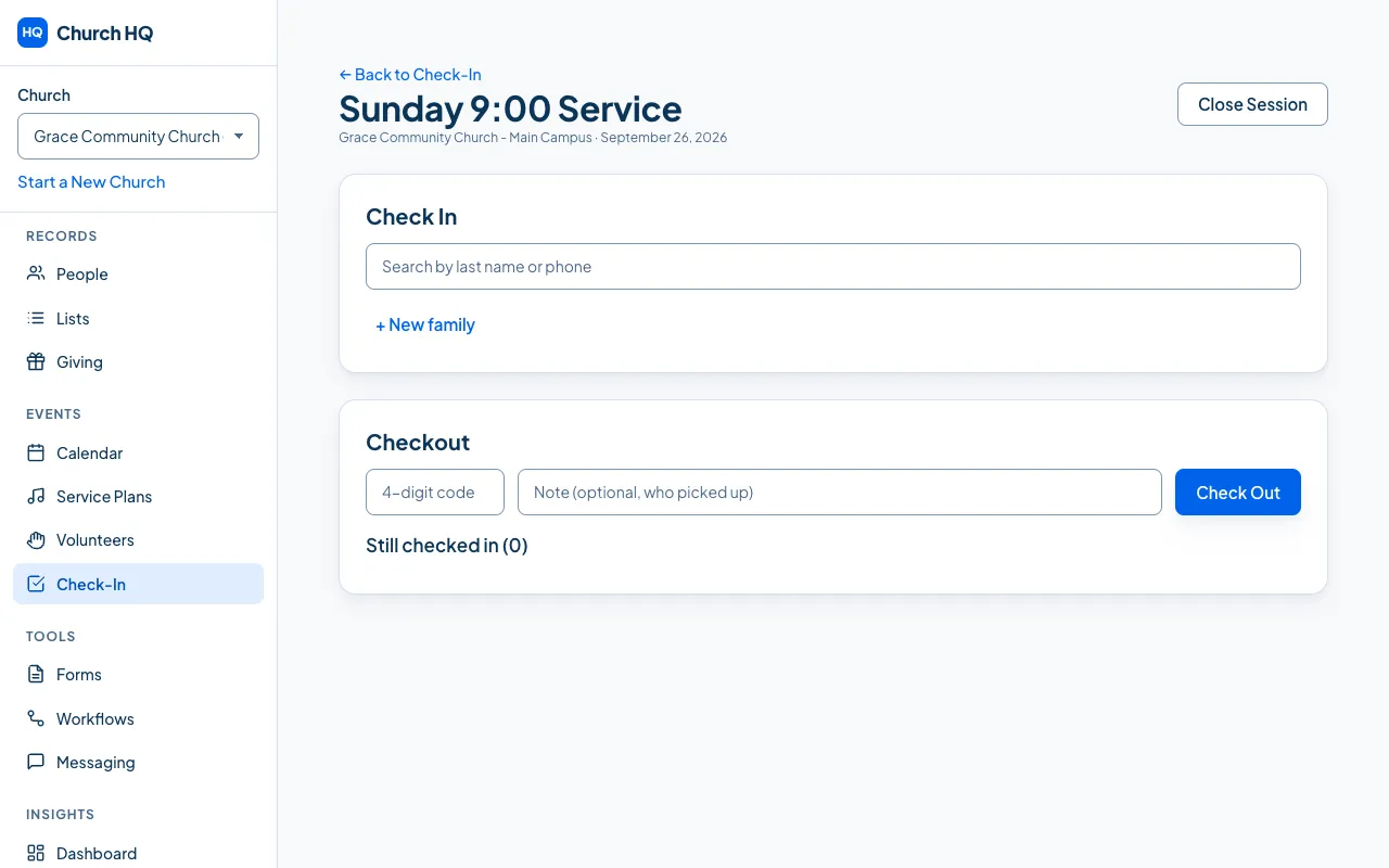 An open session, with Checkout and the list of children still checked in.