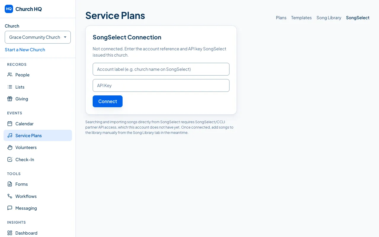 The Service Plans settings tab.