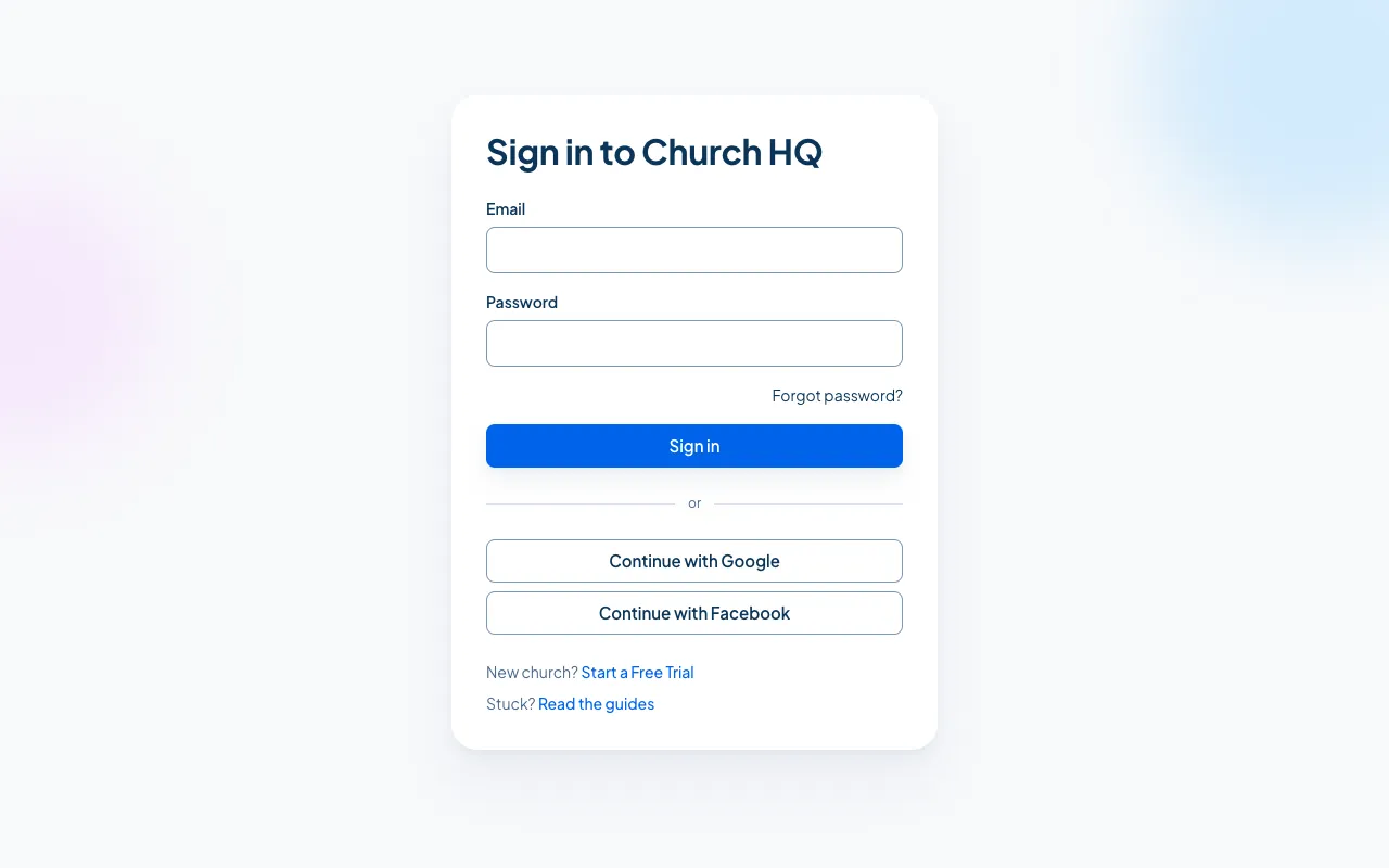 The sign-in screen, with Email, Password, and buttons for Google and Facebook.