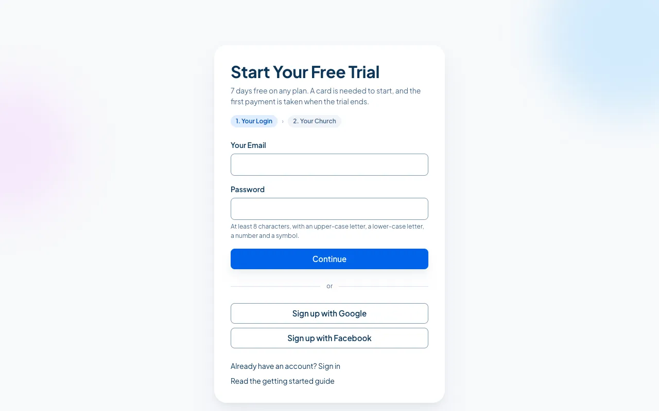 The signup screen, step 1, with Your Email and Password.