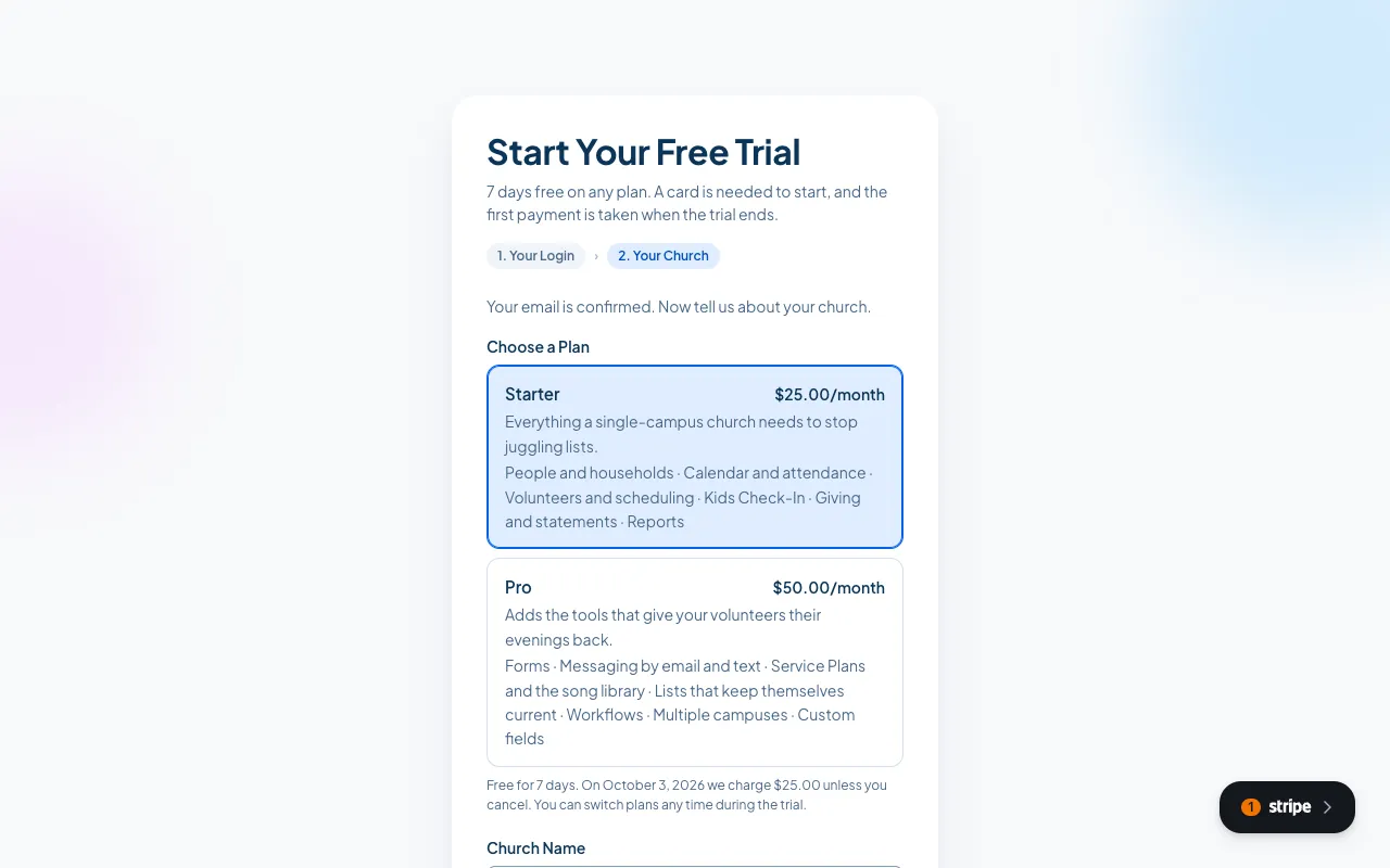 The plan picker, with Starter and Pro side by side.