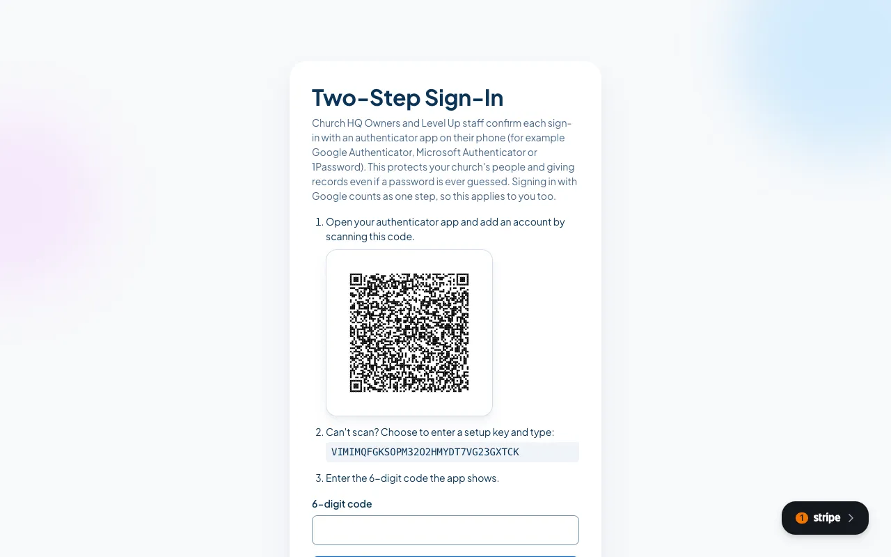 The Two-Step Sign-In screen, with a QR code to scan.