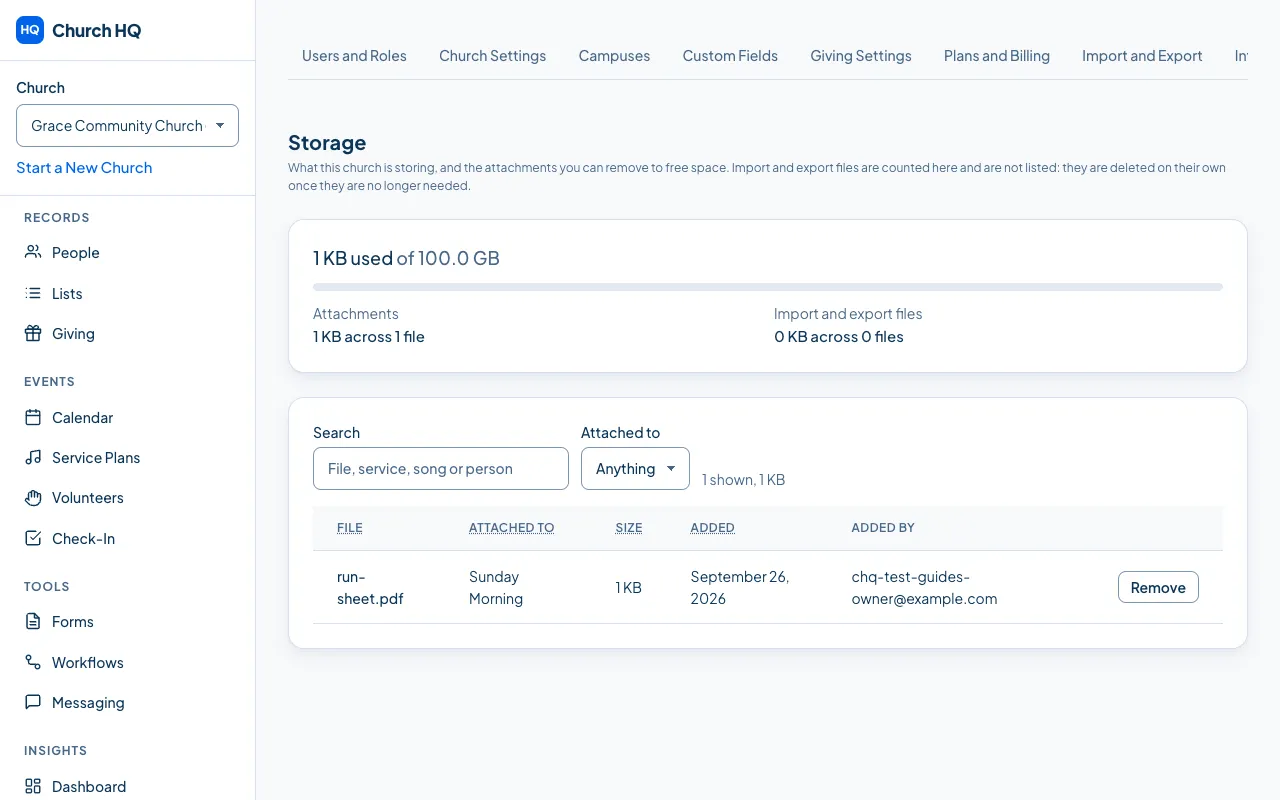 The Storage tab, with the allowance used and the attachments listed.