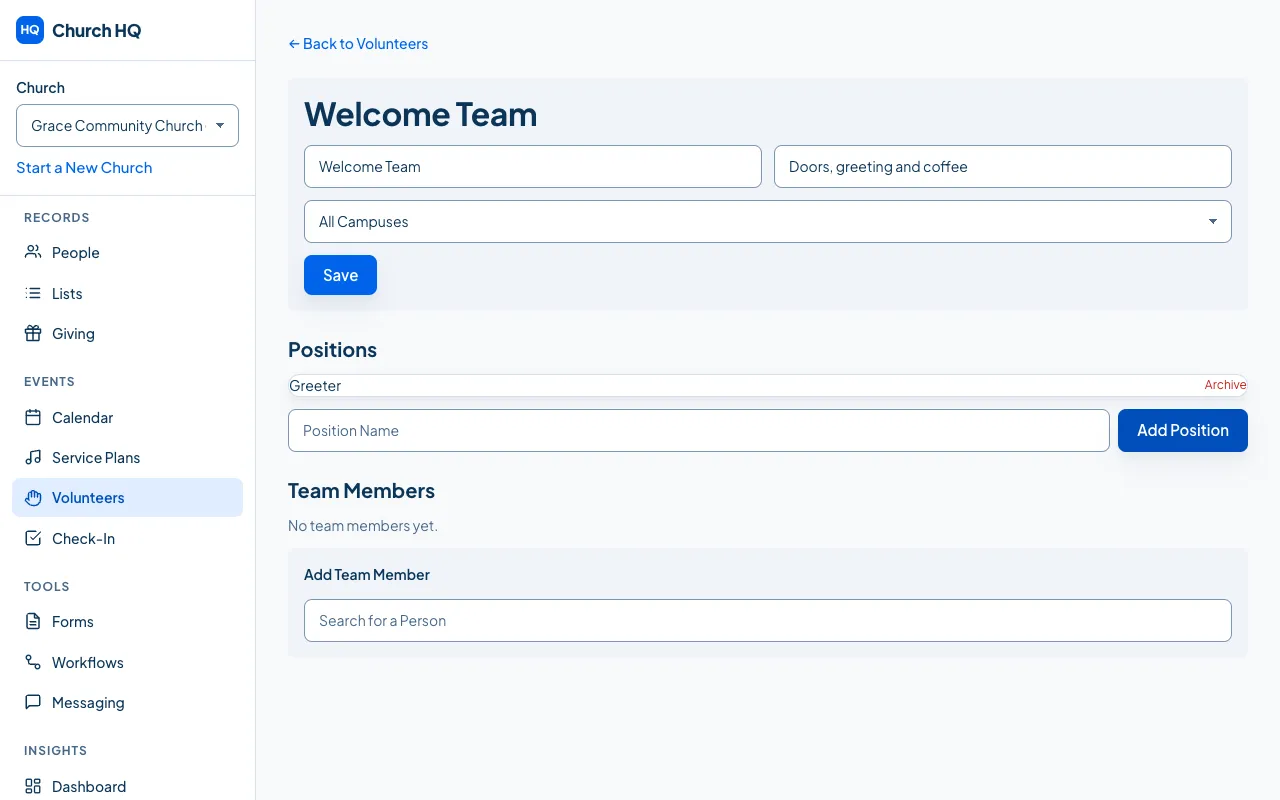 A team with its positions and members.