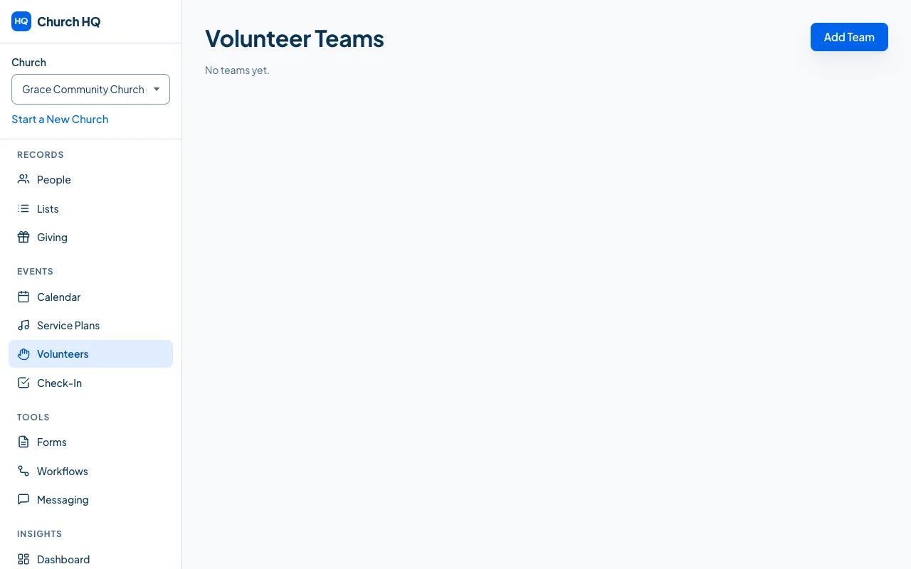 The Volunteer Teams screen before any teams exist.