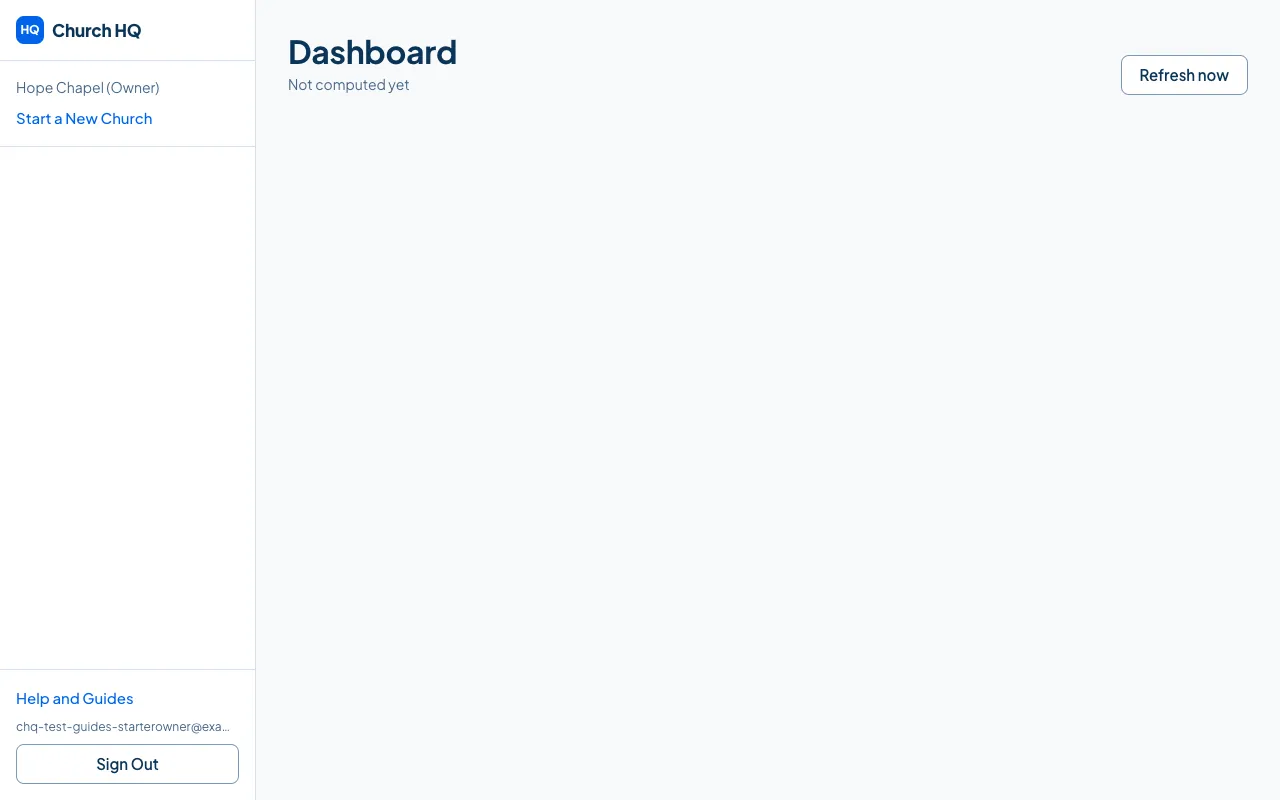 The church’s Dashboard after two-step sign-in is confirmed.