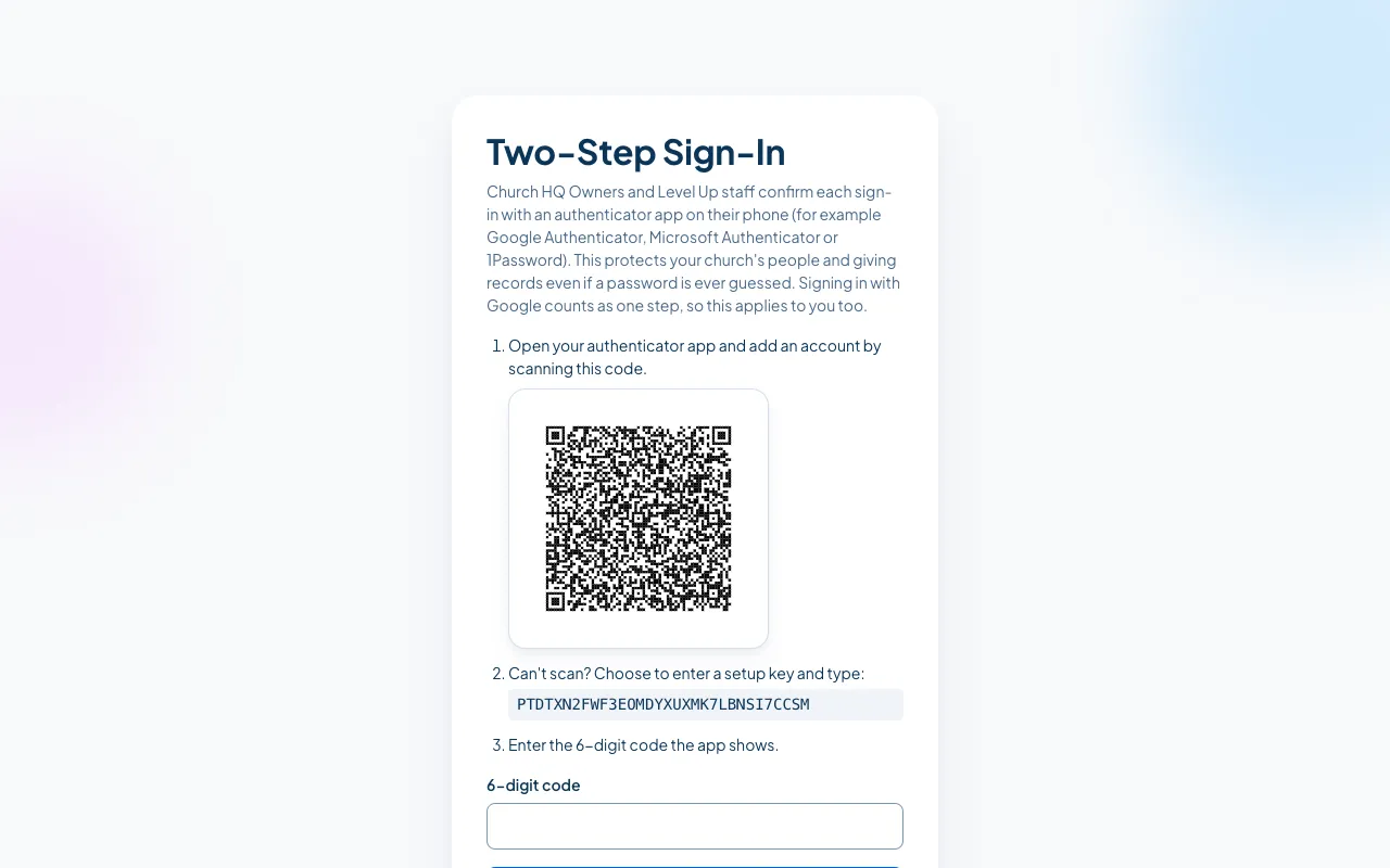 The Two-Step Sign-In screen, with a QR code and a field for the 6 digit code.