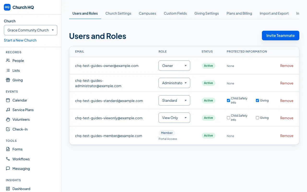 The Users and Roles screen, listing everyone who has access.