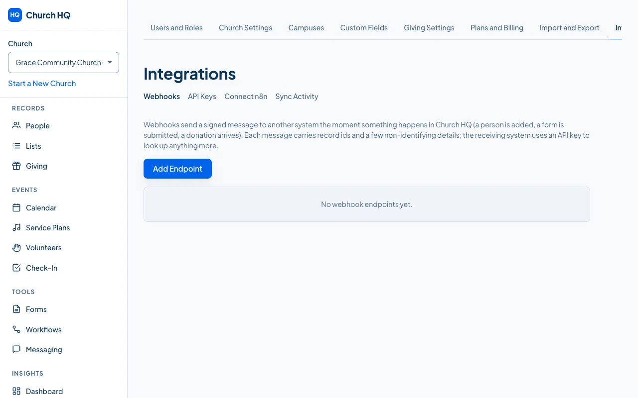 The Webhooks tab.